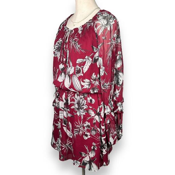 PARKER 100%Silk Ruffle Tier Floral Dress Sheer Sleeve Burgundy Sundress Small - Picture 4 of 13